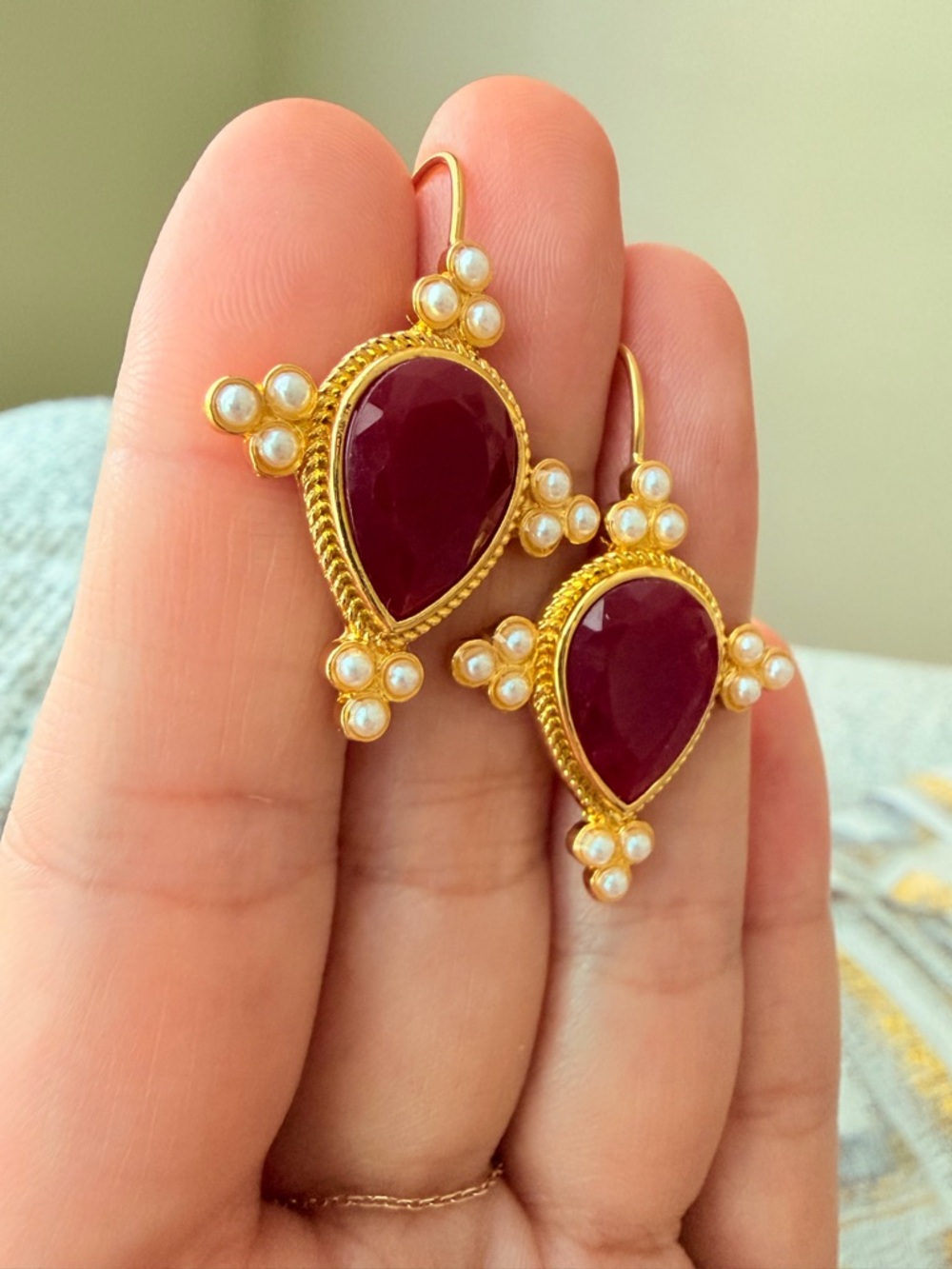 Gold Teardrop Pearl Accent Earrings in Deep Ruby Red - Picture 4 of 7